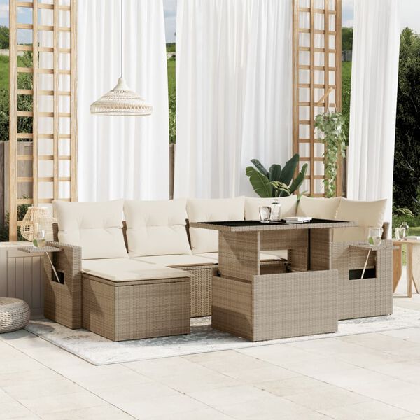 vidaXL Salon de jardin avec coussins 7 pcs beige r&eacute;sine tress&eacute;e