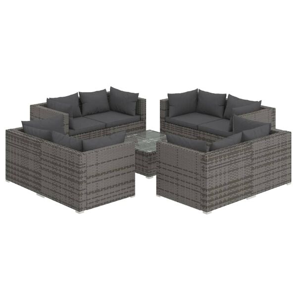 vidaXL Salon de jardin 9 pcs avec coussins Résine tressée Gris