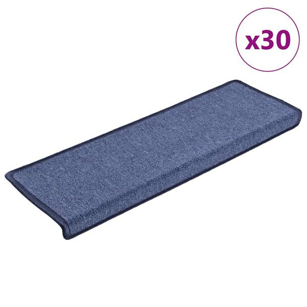 vidaXL Tapis d'escalier 30 pi&egrave;ces 65 x 21 x 4 cm Bleu Bord rectangulaire