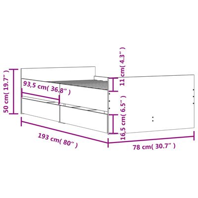 vidaXL Cadre de lit avec tiroirs blanc 75x190 cm