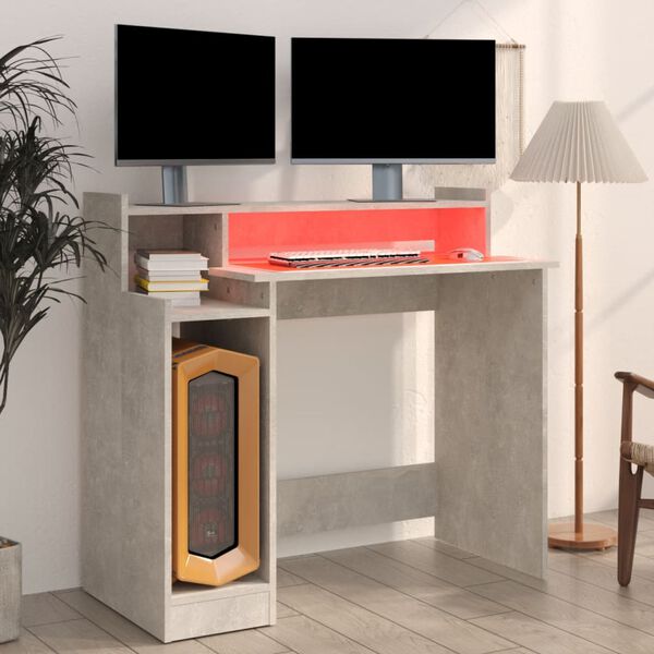 vidaXL Bureau et lumières LED Gris béton 97x45x90 cm Bois d'ingénierie