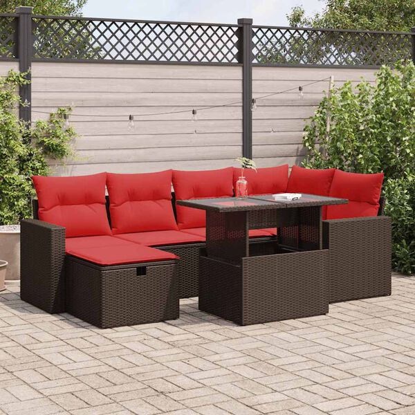 vidaXL Salon de jardin avec coussins 7 pcs marron r&eacute;sine tress&eacute;e acacia