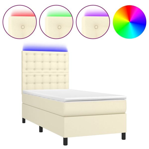vidaXL Sommier &agrave; lattes de lit avec matelas et LED Cr&egrave;me 90x190 cm