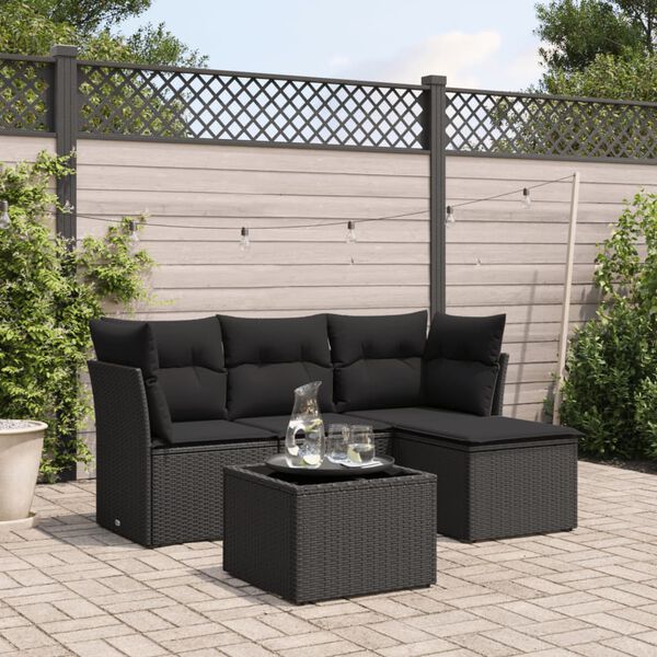 vidaXL Salon de jardin 5 pcs avec coussins noir r&eacute;sine tress&eacute;e