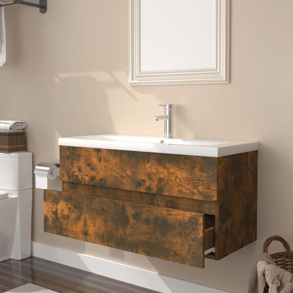 vidaXL Meuble lavabo avec bassin int&eacute;gr&eacute; Ch&ecirc;ne fum&eacute; Bois d'ing&eacute;nierie