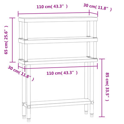 vidaXL Table de travail de cuisine avec étagère 110x30x150 cm inox