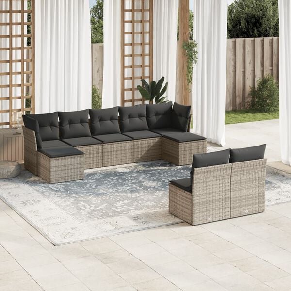 vidaXL Salon de jardin 9 pcs avec coussins gris r&eacute;sine tress&eacute;e