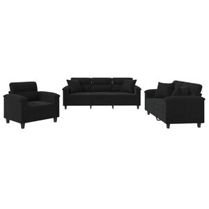 vidaXL Ensemble de canap&eacute;s 3 pcs avec coussins Noir Tissu microfibre