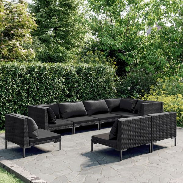 vidaXL Salon de jardin 9 pcs avec coussins Résine tressée Gris foncé