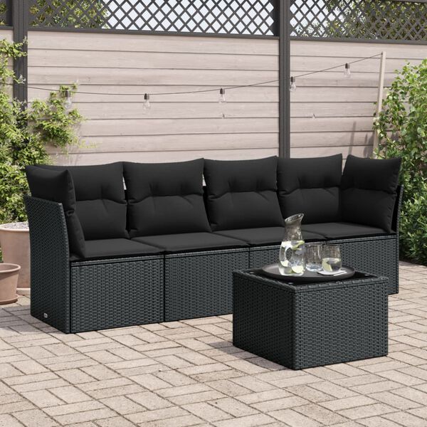 vidaXL Salon de jardin 5 pcs avec coussins noir résine tressée
