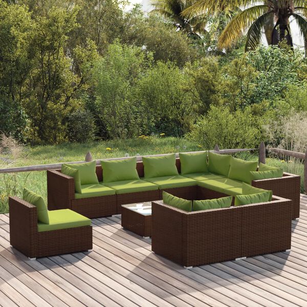 vidaXL Salon de jardin 10 pcs avec coussins Résine tressée Marron