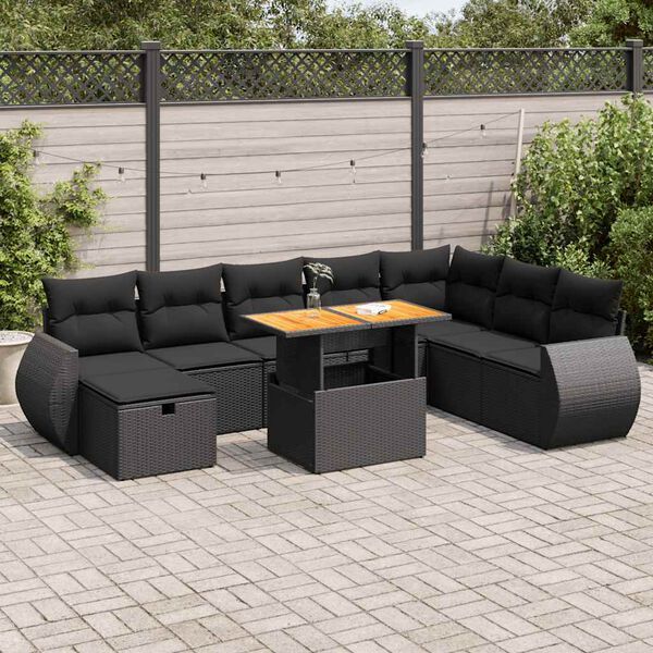 vidaXL Salon de jardin avec coussins 9 pcs noir r&eacute;sine tress&eacute;e acacia