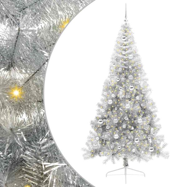 vidaXL Sapin de No&euml;l artificiel pr&eacute;-&eacute;clair&eacute; Argent 210 cm PET