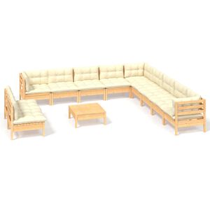 vidaXL Salon de jardin 12 pcs avec coussins cr&egrave;me Bois de pin massif