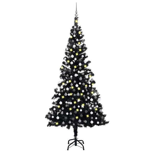 vidaXL Arbre de No&euml;l artificiel pr&eacute;-&eacute;clair&eacute; et boules noir 210 cm PVC