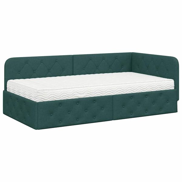 vidaXL Cadre de lit d'angle avec matelas Vert fonc&eacute; 90 x 200 cm tissu