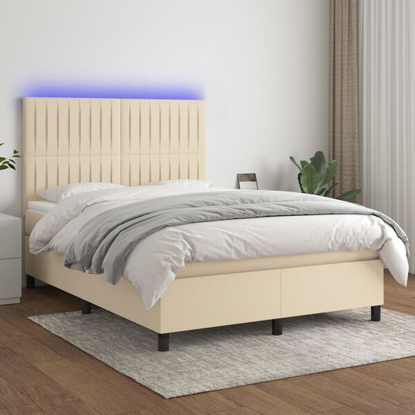 vidaXL Sommier &agrave; lattes de lit et matelas et LED Cr&egrave;me 140x200cm Tissu