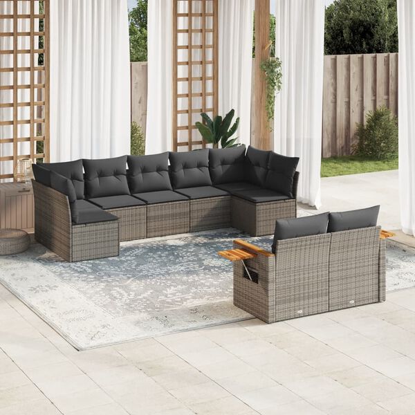 vidaXL Salon de jardin 9 pcs avec coussins gris r&eacute;sine tress&eacute;e