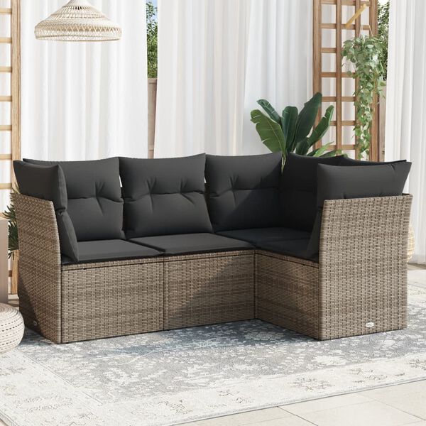 vidaXL Salon de jardin 4 pcs avec coussins gris r&eacute;sine tress&eacute;e