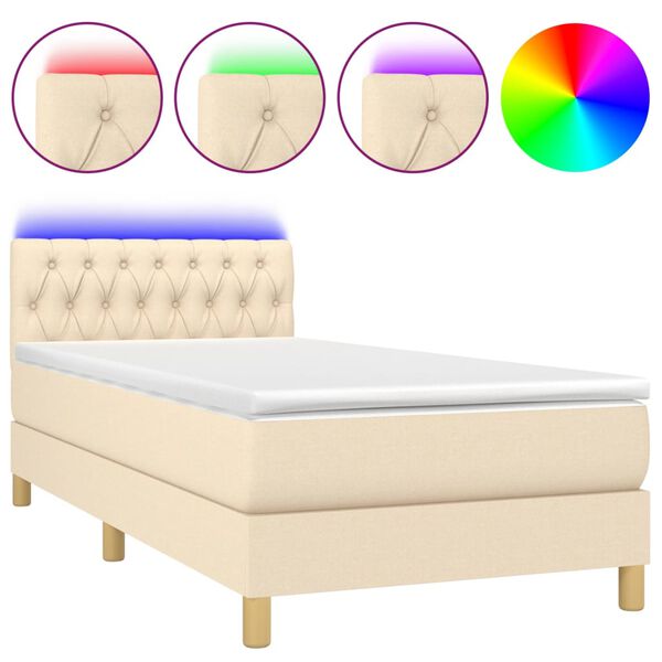 vidaXL Sommier &agrave; lattes de lit avec matelas LED Cr&egrave;me 90x200 cm Tissu