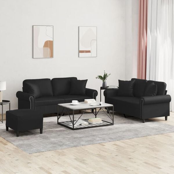 vidaXL Ensemble de canapés 3 pcs avec coussins noir similicuir