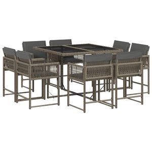 vidaXL Ensemble &agrave; manger de jardin 9 pcs coussins gris r&eacute;sine tress&eacute;e