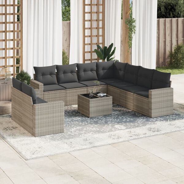 vidaXL Salon de jardin avec coussins 10 pcs gris clair r&eacute;sine tress&eacute;e