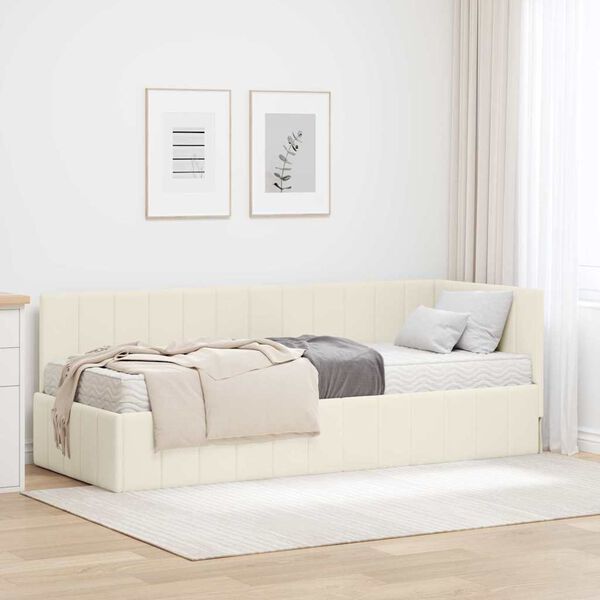 vidaXL Cadre de lit d'angle avec matelas 2 pcs Cr&egrave;me Velours