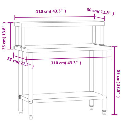 vidaXL Table de travail de cuisine avec étagère 110x55x120 cm inox