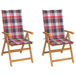 vidaXL Chaises pliantes, 2 coussins &agrave; carreaux rouges, bois de teck massif