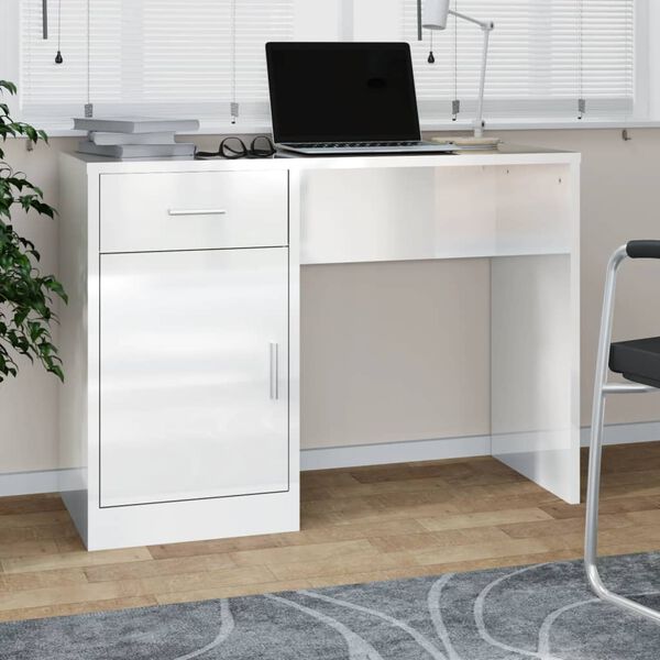 vidaXL Bureau avec tiroir et armoire Blanc brillant 100x40x73 cm