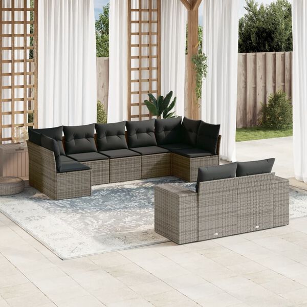 vidaXL Salon de jardin 9 pcs avec coussins gris r&eacute;sine tress&eacute;e