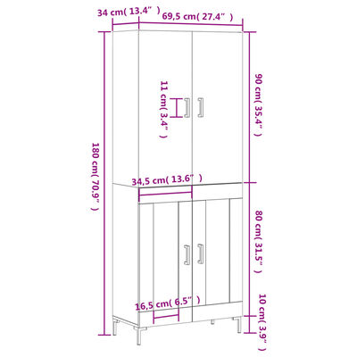 vidaXL Buffet haut Chêne marron 69,5x34x180 cm Bois d'ingénierie