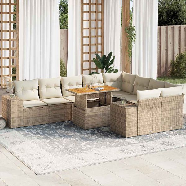 vidaXL Salon de jardin avec coussins 10pcs beige résine tressée acacia