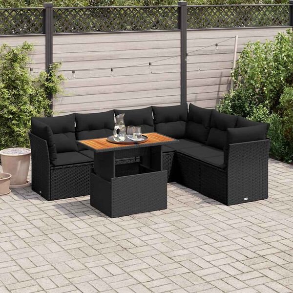 vidaXL Salon de jardin 7 pcs avec coussins noir r&eacute;sine tress&eacute;e