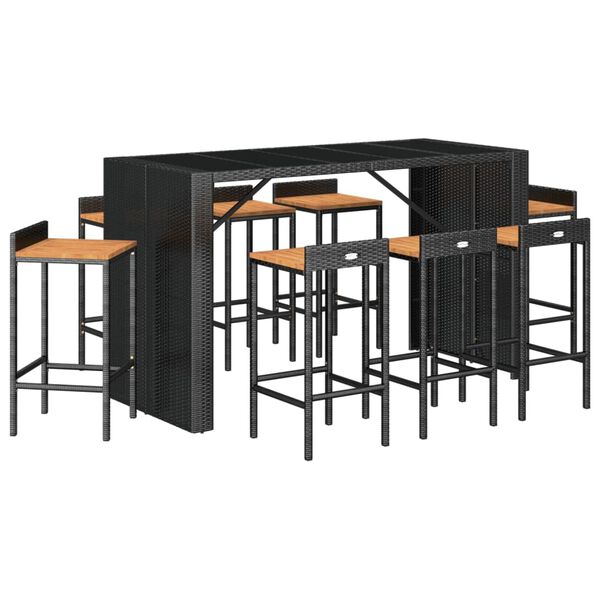 vidaXL Ensemble de bar jardin 9 pcs noir poly rotin/bois massif acacia