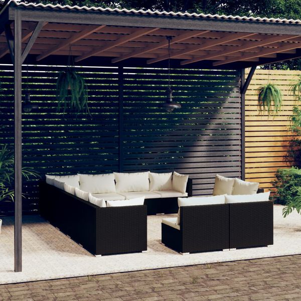 vidaXL Salon de jardin 12 pcs avec coussins Noir R&eacute;sine tress&eacute;e