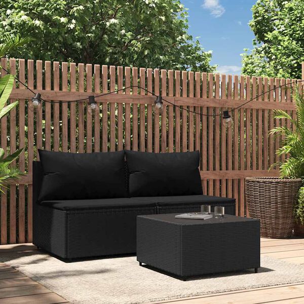 vidaXL Salon de jardin 3 pcs avec coussins Noir R&eacute;sine tress&eacute;e