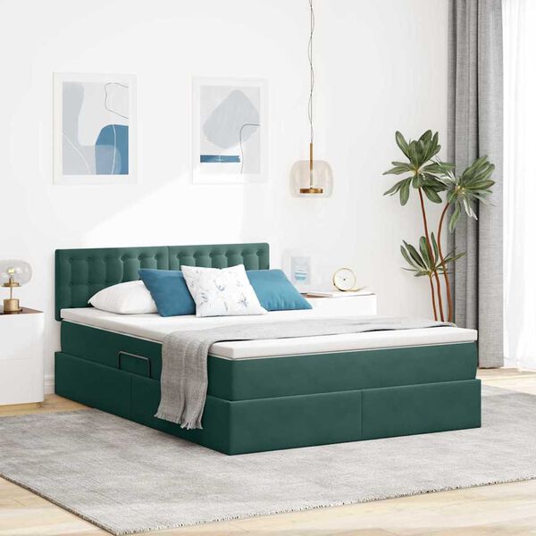 vidaXL Lit de Rangement avec matelas Vert fonc&eacute; 140 x 190 cm Velours