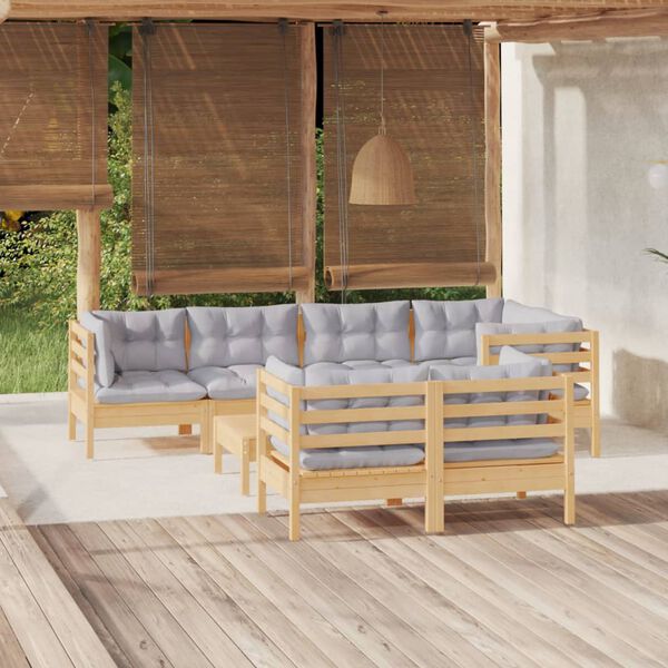 vidaXL Salon de jardin 8 pcs avec coussins gris Bois de pin massif