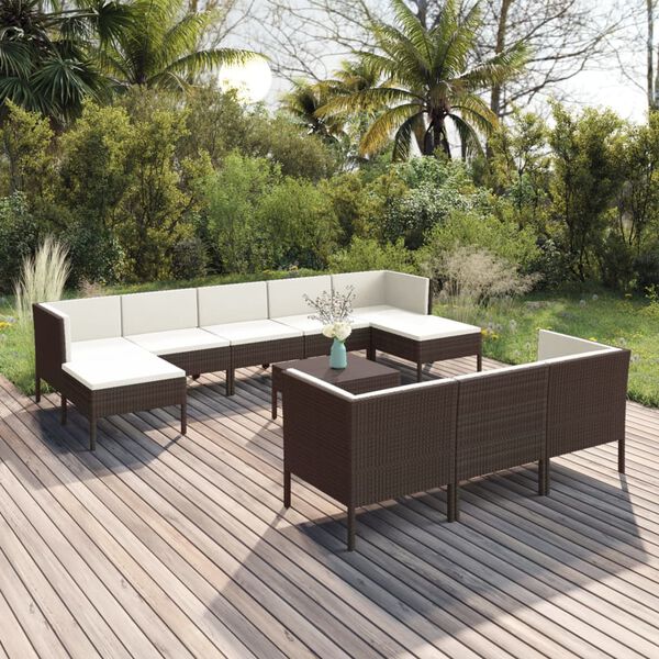 vidaXL Salon de jardin 11 pcs avec coussins R&eacute;sine tress&eacute;e Marron