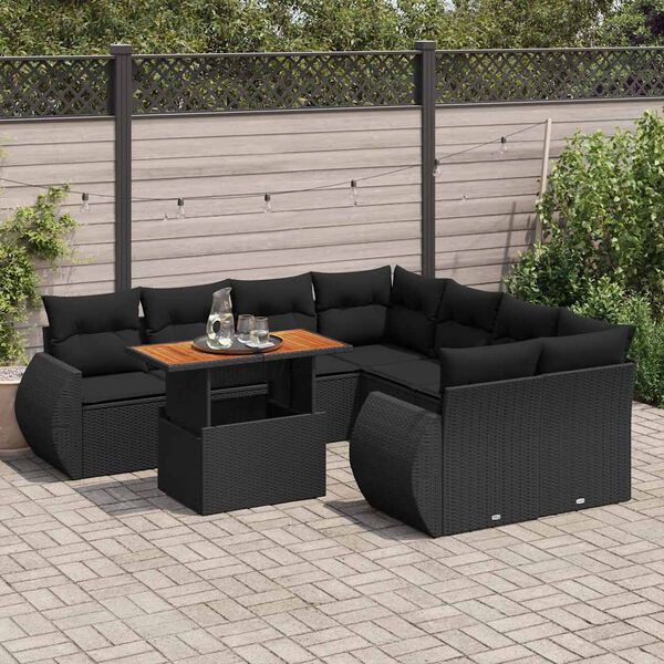 vidaXL Salon de jardin 9 pcs avec coussins noir r&eacute;sine tress&eacute;e