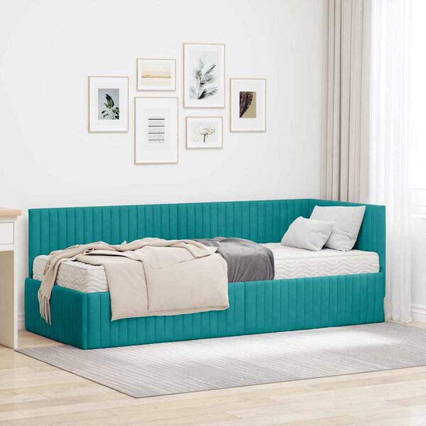 vidaXL Cadre de lit d'angle avec matelas 2 pcs Turquoise Velours