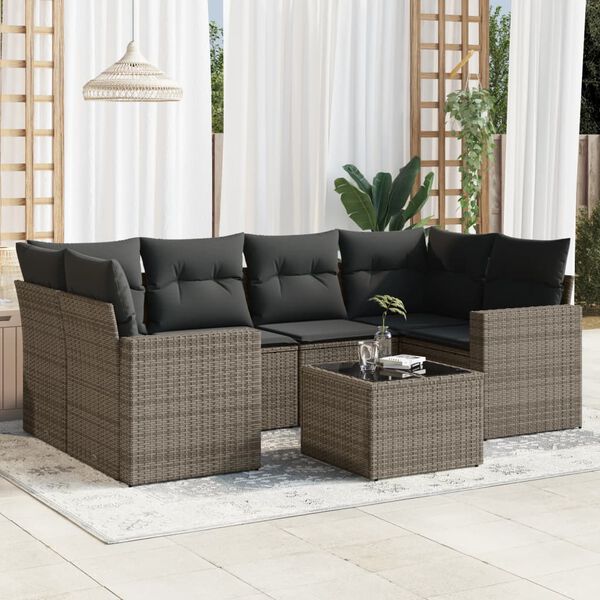 vidaXL Salon de jardin avec coussins 7 pcs gris r&eacute;sine tress&eacute;e