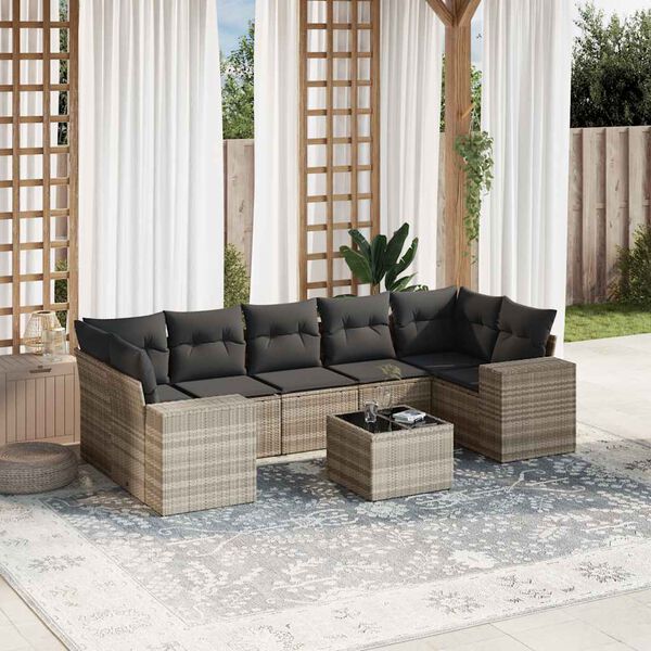 vidaXL Salon de jardin 8 pcs avec coussins gris clair r&eacute;sine tress&eacute;e