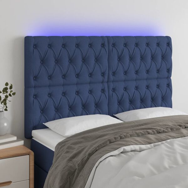 vidaXL T&ecirc;te de lit &agrave; LED Bleu 144x7x118/128 cm Tissu