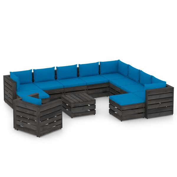 vidaXL Salon de jardin 12 pcs avec coussins Bois impr&eacute;gn&eacute; de gris