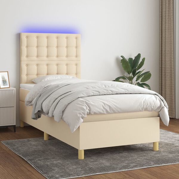 vidaXL Sommier &agrave; lattes de lit et matelas et LED Cr&egrave;me 90x200 cm Tissu