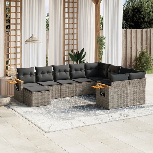 vidaXL Salon de jardin avec coussins 10 pcs gris résine tressée
