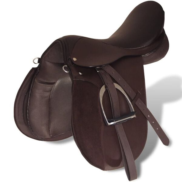 Set de selle &eacute;quitation 17,5" en cuir v&eacute;ritable 12 cm 5 en 1 brun